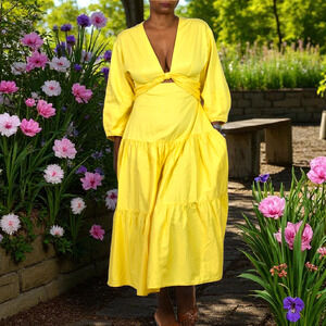 Derek Lam Twist Front Midi Dress Yellow Waist Cutout Cotton Tiered Medium 40 8